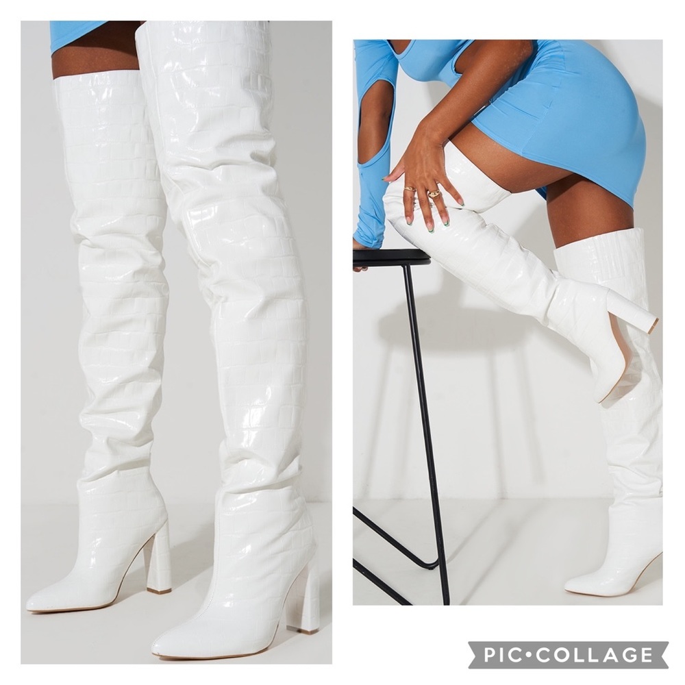 NWOB- WHITE THIGH HIGH POINT BLOCK HEEL BOOTS-  Size 6